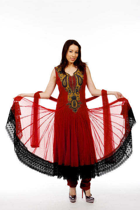 Red Soft Net and Lace Anarkali