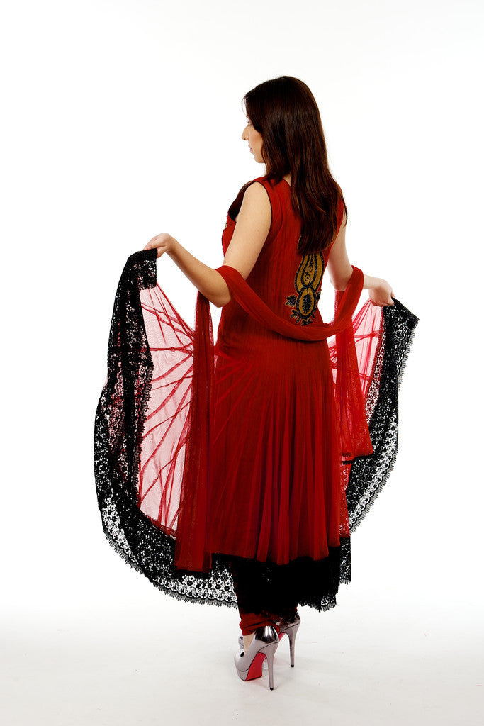 Red Soft Net and Lace Anarkali