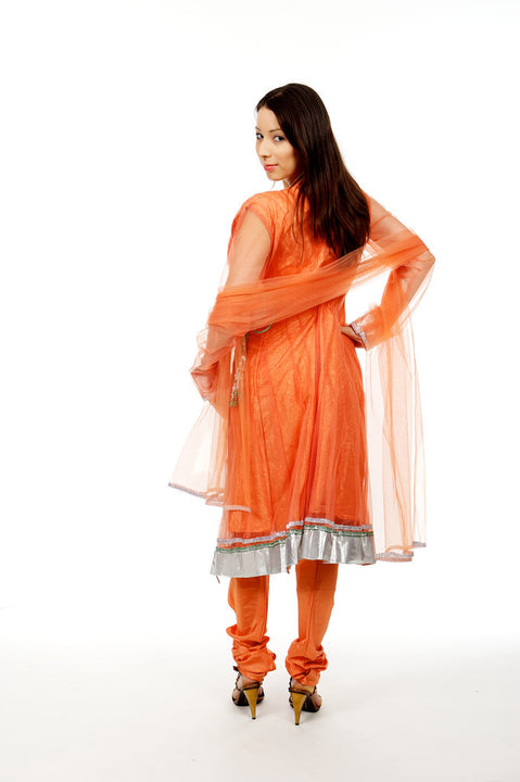 Pretty Orange Net Anarkali Churidar