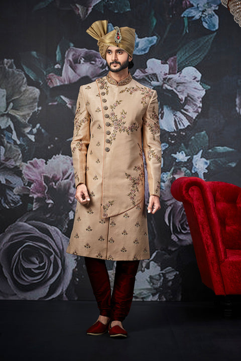 Imposing Dark Cream Indian Wedding Sherwani For Men - WS135022SNT