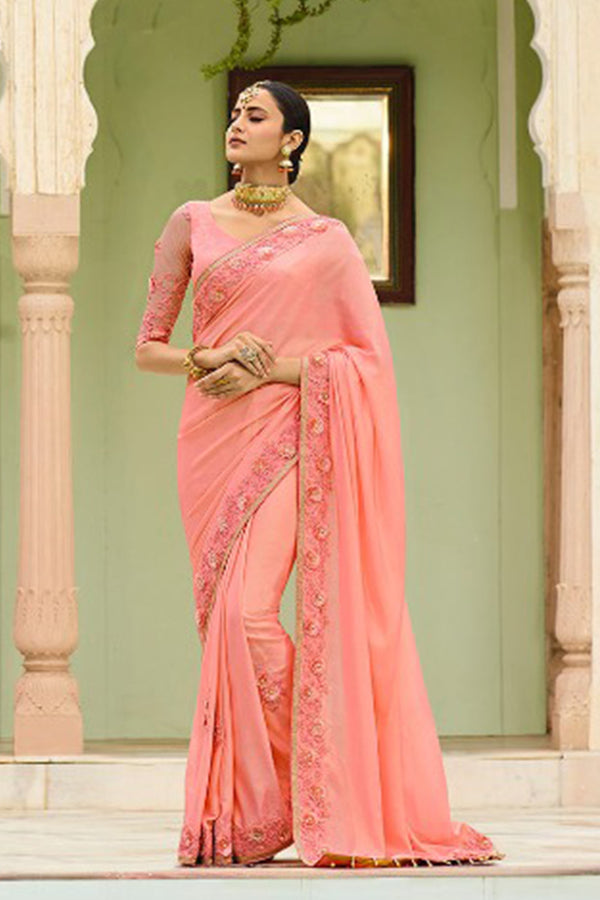 Unique Peach Georgette Simmer Sari