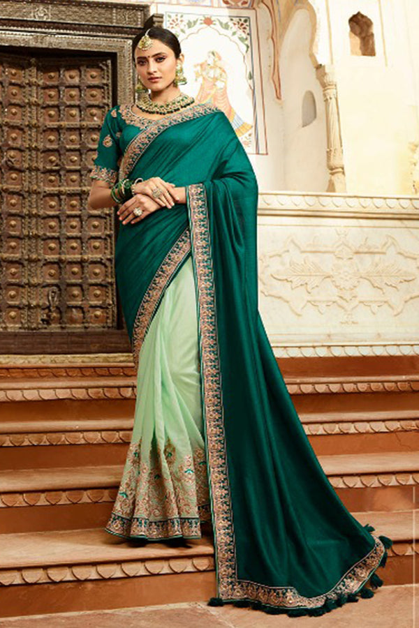 Beautiful Turquoise-Pista Silk Sari with Lace Border