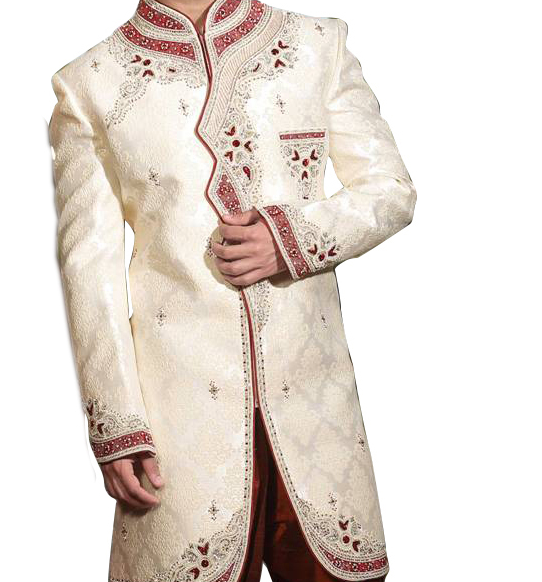 Traditional Off White Jacquard Silk Indian Wedding Sherwani For Men