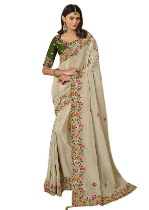 Designer Embroidered Off-White Pre-Pleated Ready-Made Sari-SHL-7209