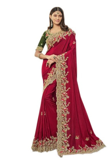 Designer Embroidered Red Pre-Pleated Ready-Made Sari-SHL-SS7208
