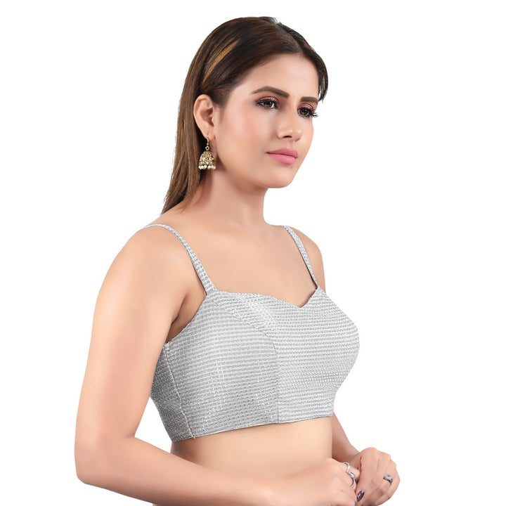 Stunning Spaghetti Silver Designer Indian Sweetheart Neck Saree Blouse Choli (SP-01-Silver)