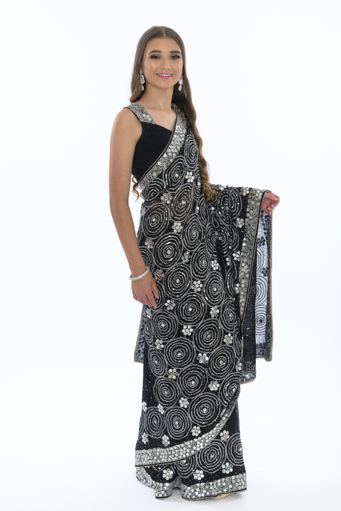 Graceful Silver and Midnight Black Sari