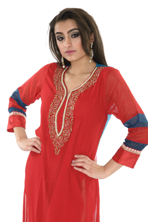 Stunning Red  Long Kurti Salwar Kameez (Size S/M)