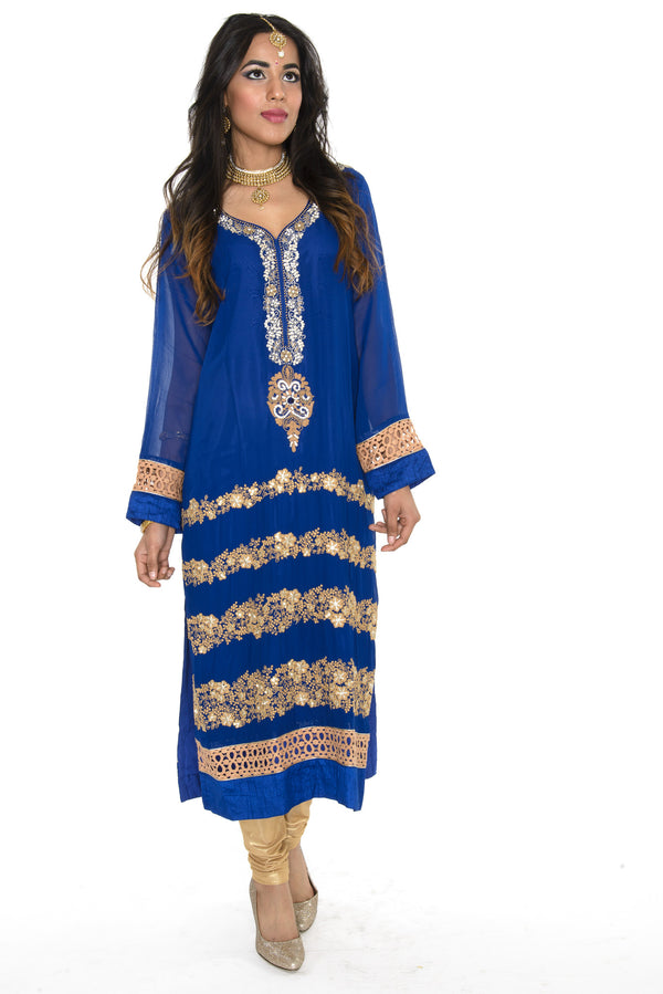 Royal Blue Wedding Long Kurti Salwar Kameez (Size M/L)