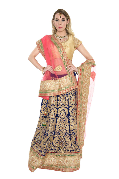 Magnificent Royal Blue Gold and Pink Indian Wedding Lehenga-SNT11127