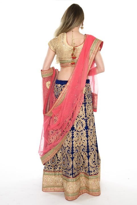 Magnificent Royal Blue Gold and Pink Indian Wedding Lehenga-SNT11127
