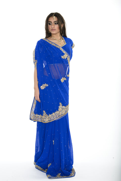 Stunning Midnight Beauty Royal Blue Pre-Stitched Sari