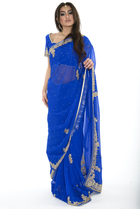 Stunning Midnight Beauty Royal Blue Pre-Stitched Sari