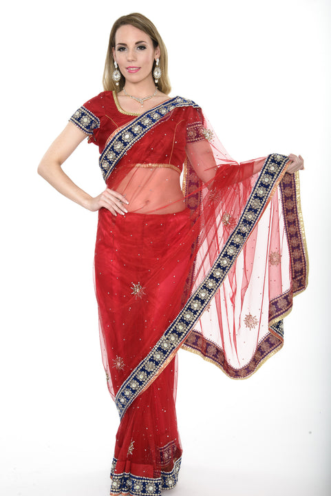 Georgous Red with Blue Border Ready-made Pre-Stiched Sari