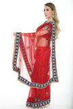Georgous Red with Blue Border Ready-made Pre-Stiched Sari
