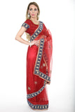 Georgous Red with Blue Border Ready-made Pre-Stiched Sari