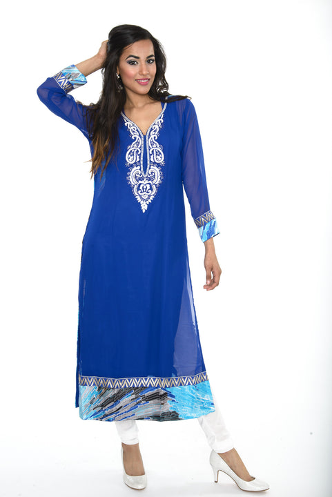 Elegant Blue Long Kurti Salwar Kameez (Size M/L)