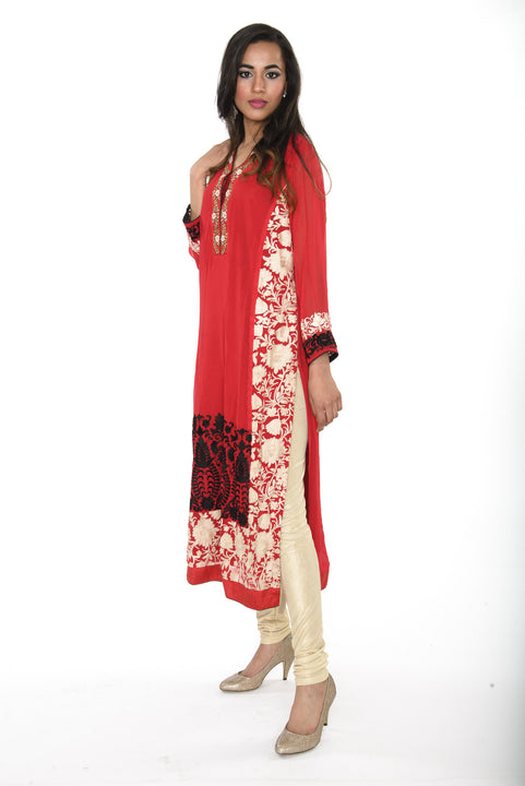 Red Beige and Black Long Kurti Salwar Kameez (Size M/L)
