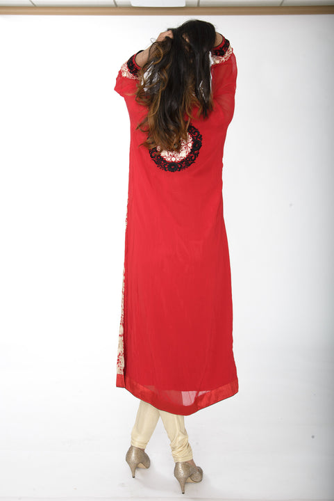 Red Beige and Black Long Kurti Salwar Kameez (Size M/L)