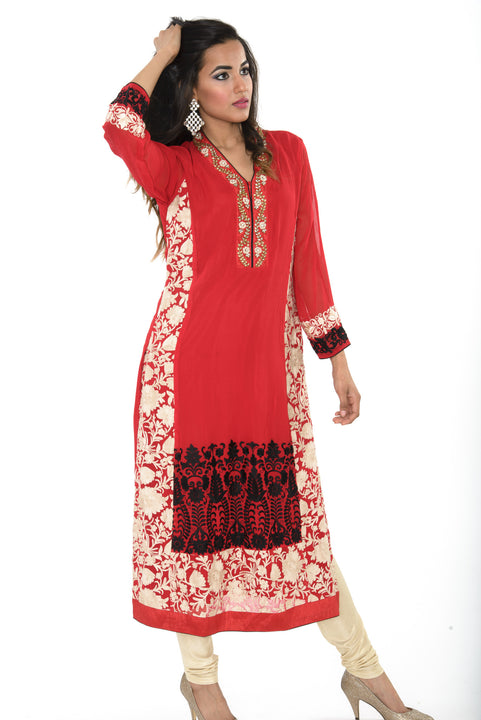 Red Beige and Black Long Kurti Salwar Kameez (Size M/L)