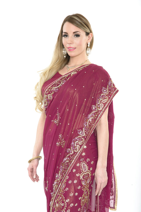 Graceful Wine Colored Pre-Stitched Ready-made Sari