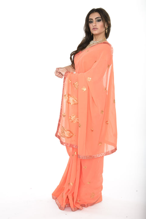 Elegant Soft Coral Pre-Stitched Ready-made Sari