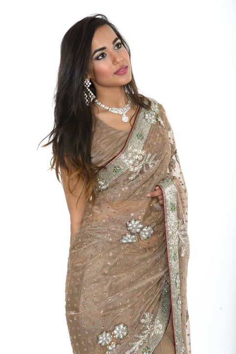 Gorgeous Tan and Sliver Ready-made Pre-Stiched Sari