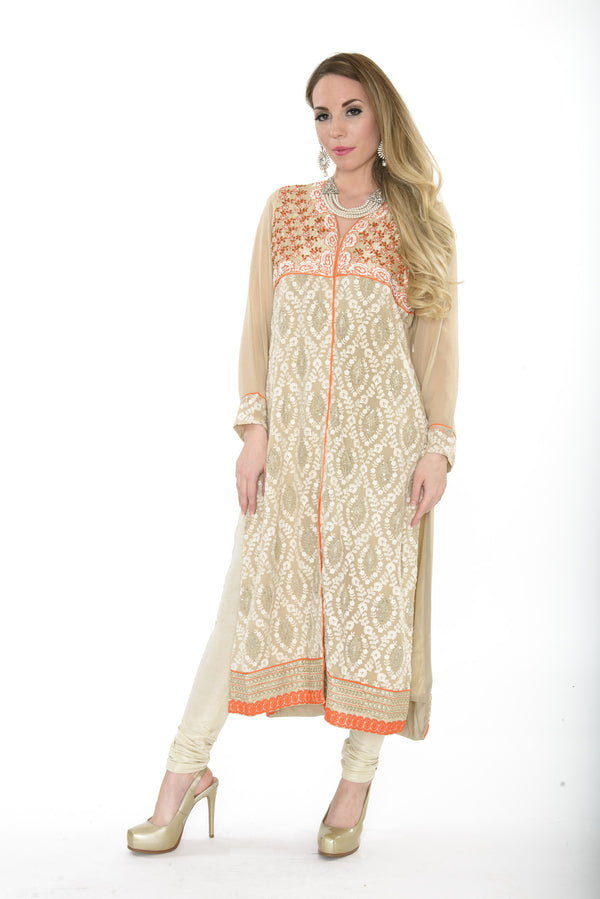 Elegant Tan Long Kurti Salwar Kameez (Size M/L)