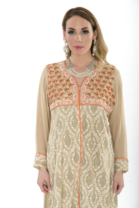 Elegant Tan Long Kurti Salwar Kameez (Size M/L)