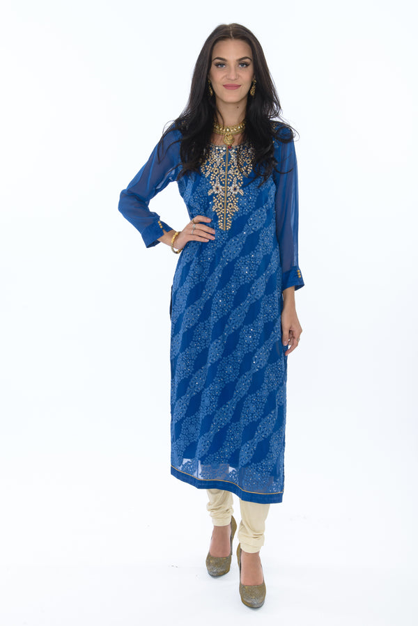 Shimmering Waves of Blue Modern Long Kurti Salwar Kameez