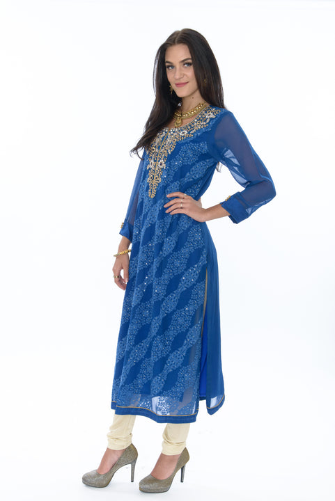 Shimmering Waves of Blue Kurti Salwar Kameez