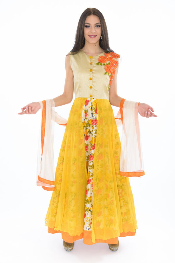 Vibrant Silk Floral Yellow Indo-Western Style Anarkali Gown