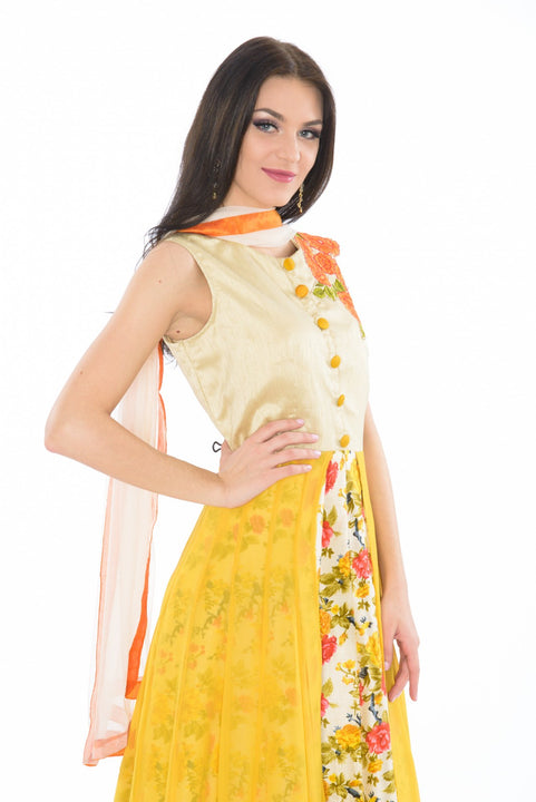 Vibrant Silk Floral Yellow Indo-Western Style Anarkali Gown