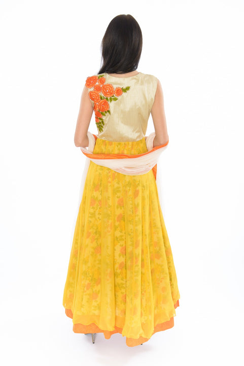 Vibrant Silk Floral Yellow Indo-Western Style Anarkali Gown