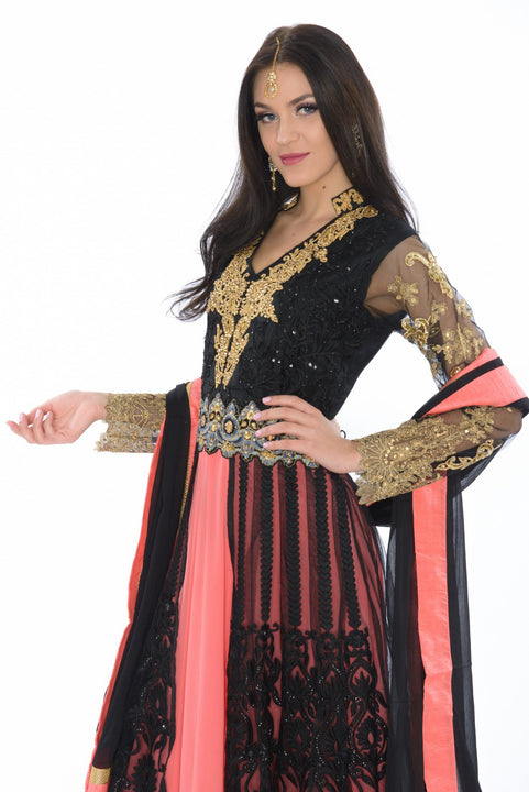 Rich Black and Coral with Lace Overlay Indo Western Indian Gown