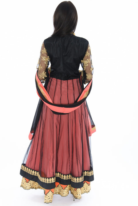 Rich Black and Coral with Lace Overlay Indo-Western Indian Gown Saris and Things Rich Black and Coral with Lace Overlay Indo-Western Indian Gown Saris and Things