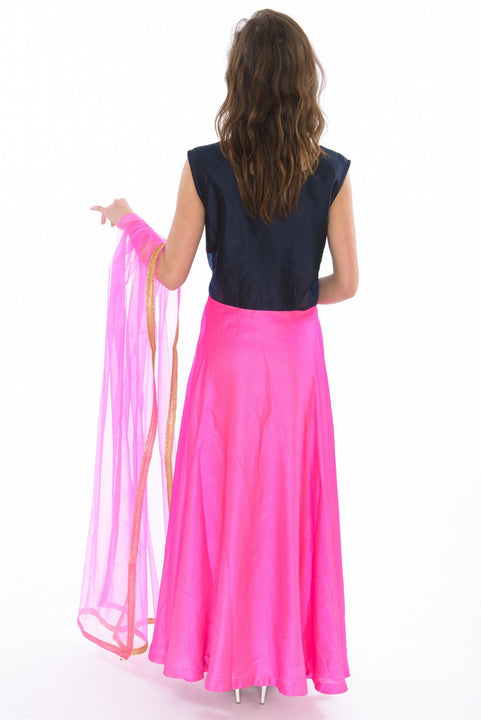 Colorblock Navy and Hot Pink  Indo-Western Long Anarkali Gown