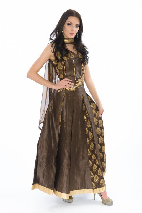 Glossy Mocha Indo-Western Long Anarkali Gown