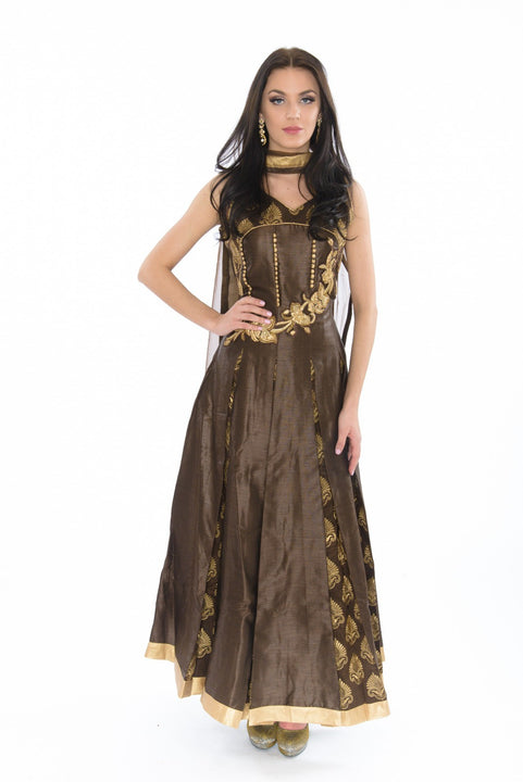 Glossy Mocha Indo-Western Long Anarkali Gown