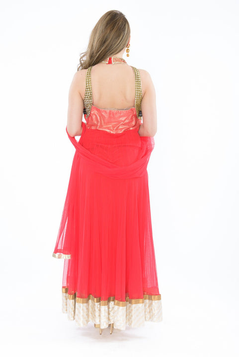 Fiery Gold and Pink Sleeveless Anarkali Gown