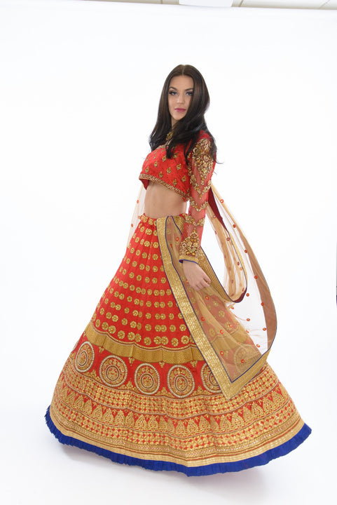 Regal Scarlet and Gold Long Sleeve Lehenga Set