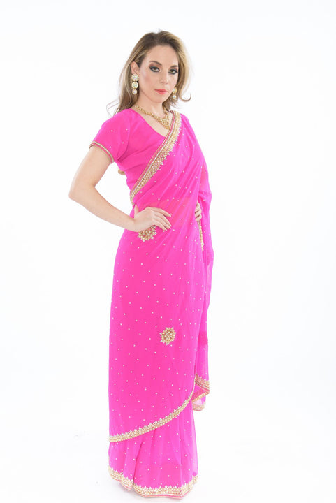 Enticing Pink with Stonework Border Pre-Stitched Ready-Made Sari