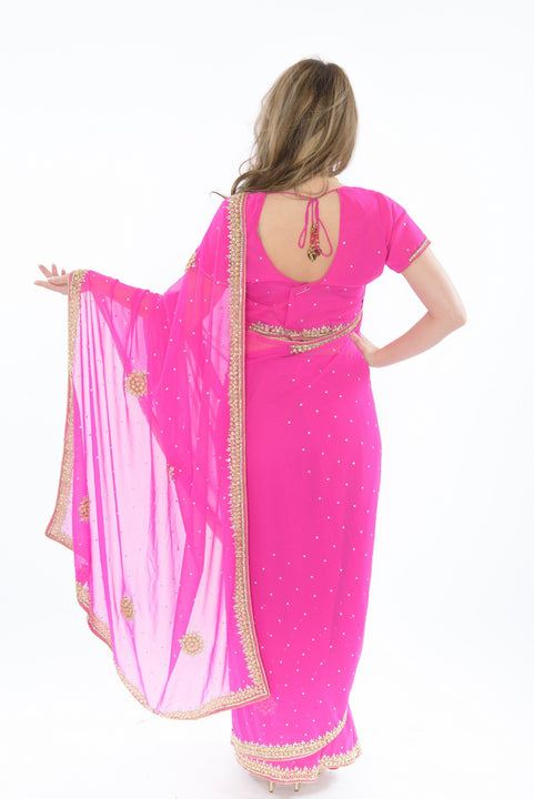 Enticing Pink with Stonework Border Pre-Stitched Ready-Made Sari