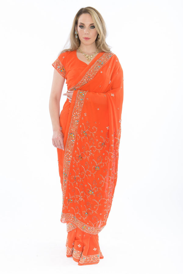 Bright Orange Partywear Sari