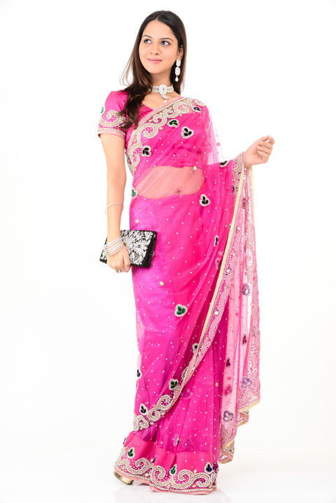 Superhot Pink Net Ready-made Sari