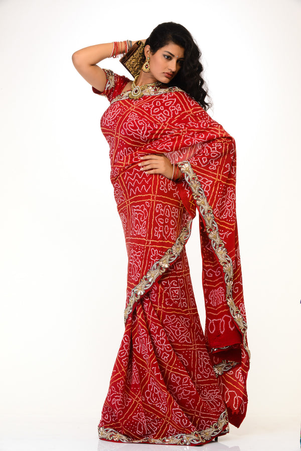Traditional Red Bandhej Sari