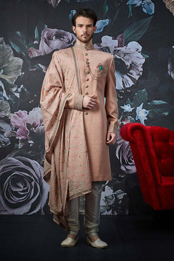 Designer Peachy Traditional Indian Wedding Sherwani For Men - WS135033SNT