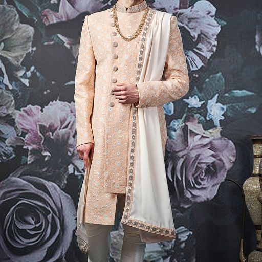 Mesmerizing Peachy Indian Wedding Sherwani For Men - WS135027SNT