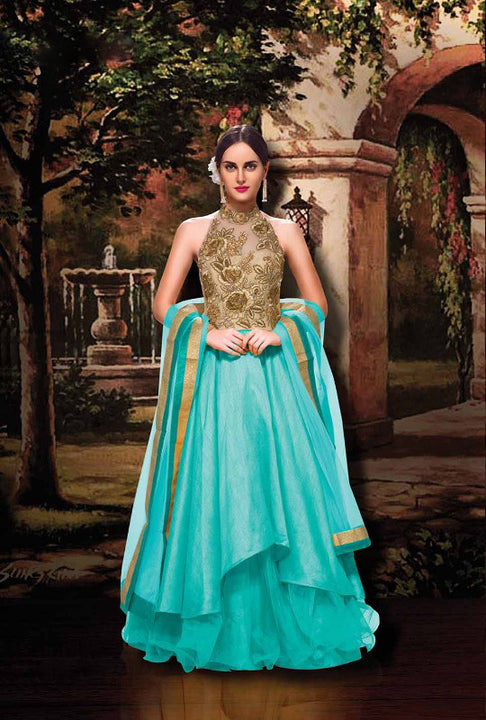 Cool Blue Waters Sleeveless Long Anarkali Indo-Western Gown