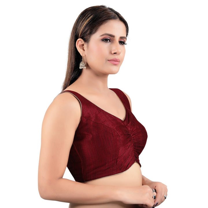 Voguish Maroon Designer Indian Ruched V-Neck Faux Crepe Lining Saree Blouse Choli (VFJ-24-Maroon)